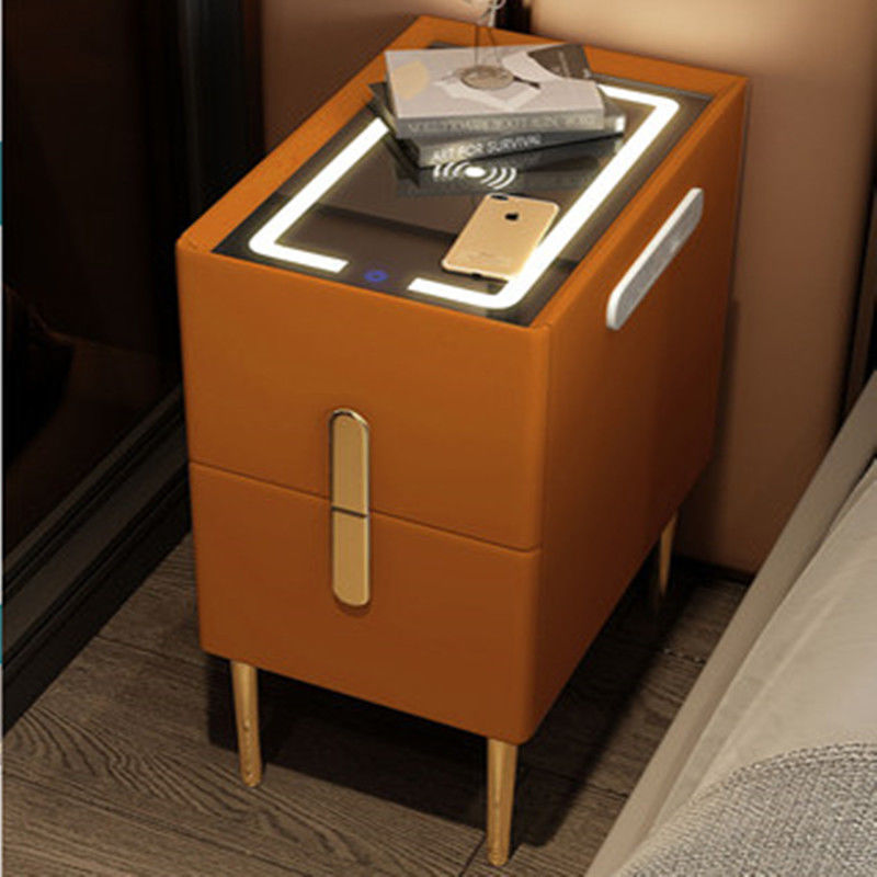 Modern Smart Bed Side Table With Charging Station, LED Lights & Drawers