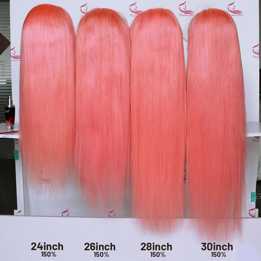 Human Hair 13x4 Front Lace Light Pink Straight Stripe Wig Headband