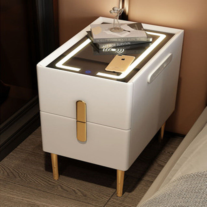 Modern Smart Bed Side Table With Charging Station, LED Lights & Drawers