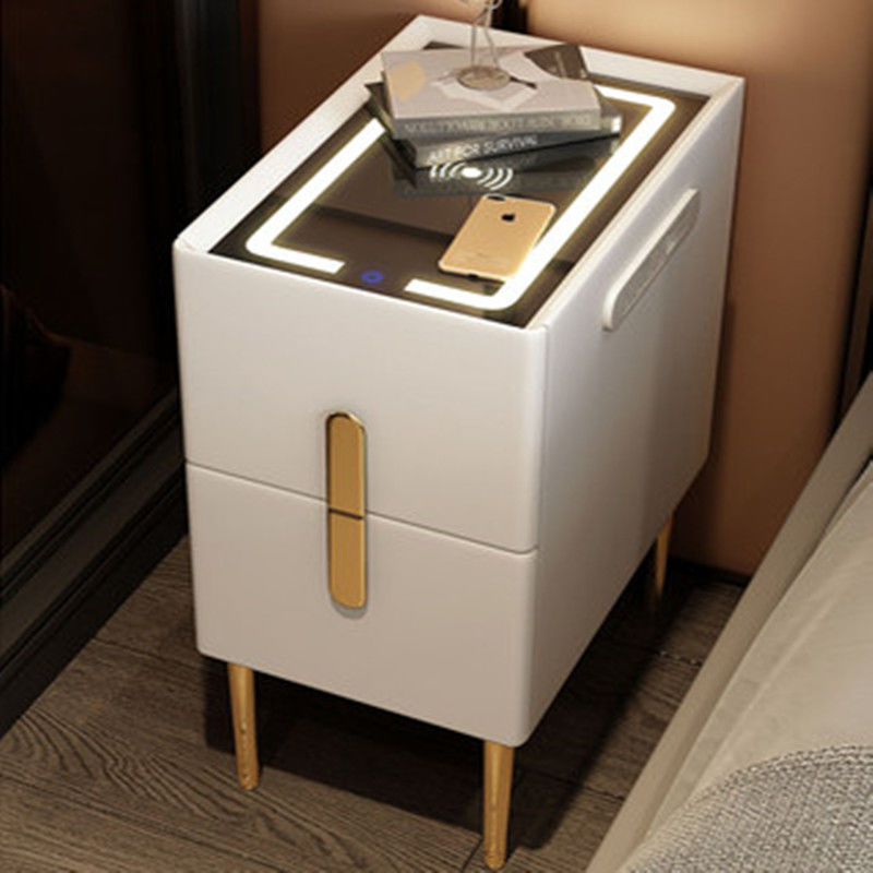 Modern Smart Bed Side Table With Charging Station, LED Lights & Drawers