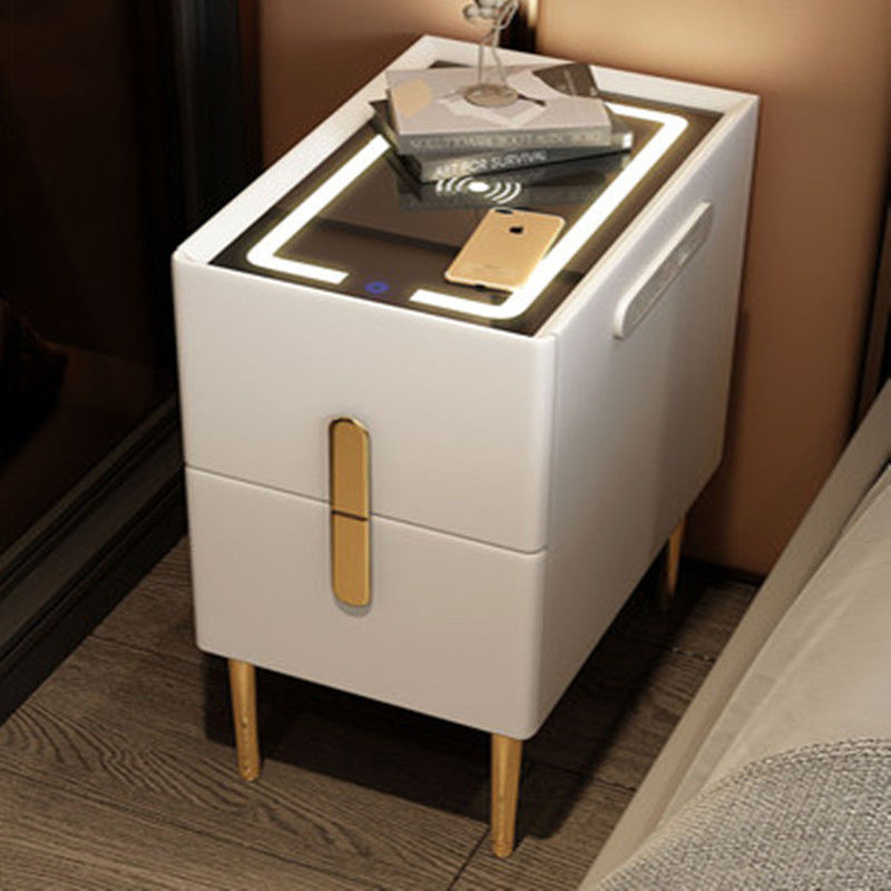 Modern Smart Bed Side Table With Charging Station, LED Lights & Drawers