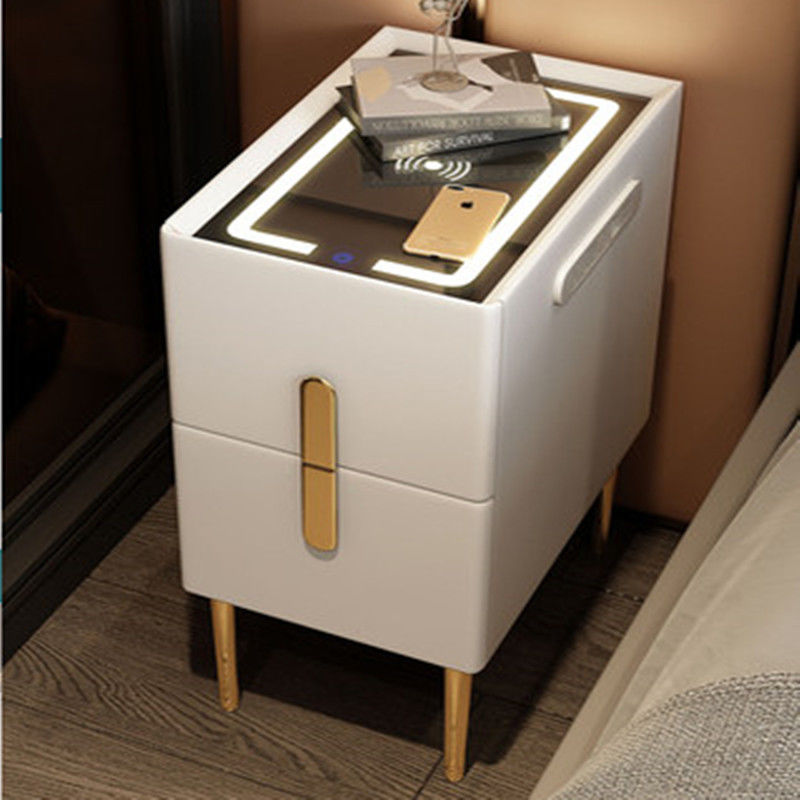 Modern Smart Bed Side Table With Charging Station, LED Lights & Drawers