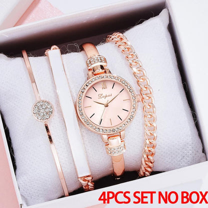 Ladies New Trend Steel Band Quartz Watch Gift Four-piece Set